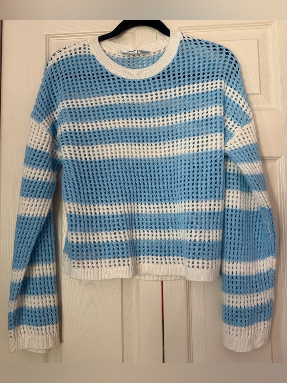 Noisy May Blue and White Striped Open-Knit Crew Sweater